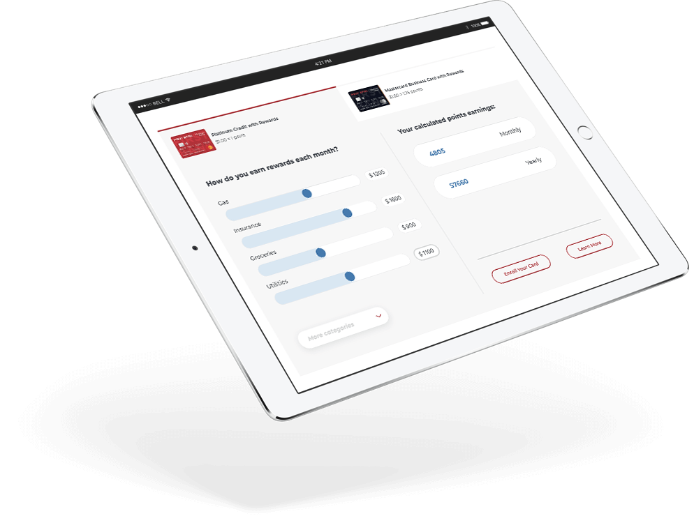 iPad with Highridge Credit Union rewards calculator.