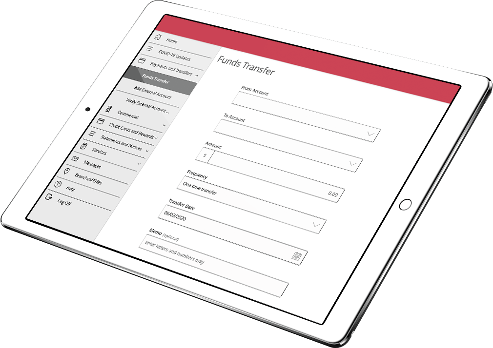 Tablet with Highridge Credit Union funds transfer on the screen