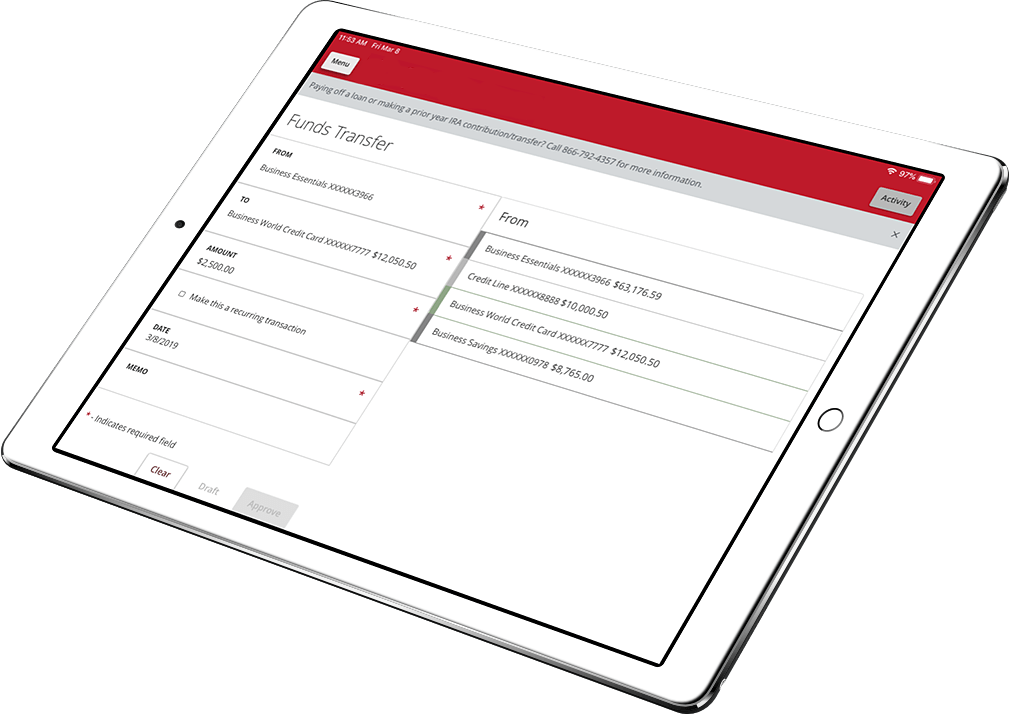 Tablet with Highridge Credit Union funds transfer on the screen