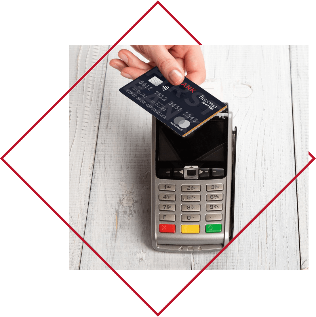 Highridge Credit Union Credit Card with Rewards being used on touchless payment pad.